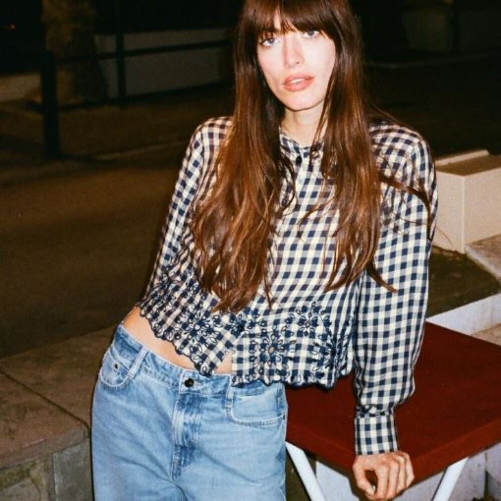 ZARA EMBROIDERED EYELET CHECK SHIRT